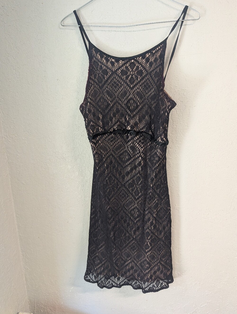 Vtg Y2K Black Lace Overlay Dress L Whimsigoth Goth Festival Indie Crochet Nude